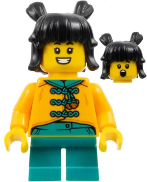 HOL339:  Child - Girl, Bright Light Orange Tang Jacket, Dark Turquoise Short Legs, Black Hair with Buns