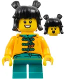Minifigurka: HOL339:  Child - Girl, Bright Light Orange Tang Jacket, Dark Turquoise Short Legs, Black Hair with Buns