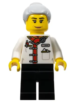 HOL340:  Restaurant Worker - Female, White Uniform Jacket, Black Legs, Light Bluish Gray Hair with Top Knot Bun