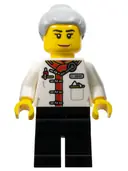 Minifigurka: HOL340:  Restaurant Worker - Female, White Uniform Jacket, Black Legs, Light Bluish Gray Hair with Top Knot Bun