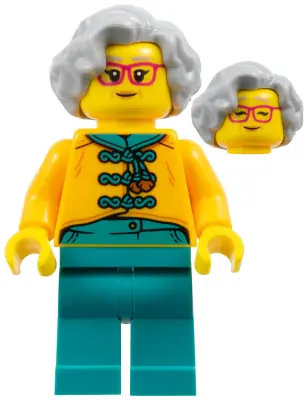 HOL341:  Flower Seller - Female, Bright Light Orange Tang Jacket, Dark Turquoise Legs, Light Bluish Gray Hair, Red Glasses