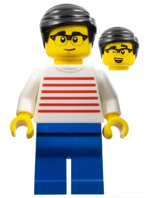 HOL343:  Man - White Sweater with Red Horizontal Stripes, Blue Legs, Black Hair, Glasses