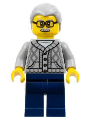 HOL344:  Man - Light Bluish Gray Knit Cable Cardigan Sweater, Dark Blue Legs, Light Bluish Gray Hair, Glasses