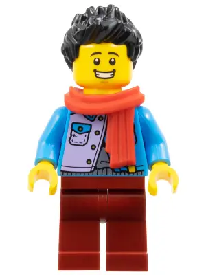 HOL346:  Man - Dark Azure Jacket over Silver Shirt, Dark Red Legs, Black Hair, Red Scarf
