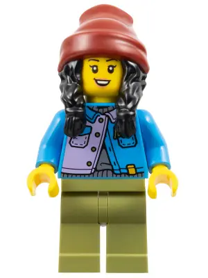 HOL347:  Woman - Dark Azure Jacket over Silver Shirt, Olive Green Legs, Black Hair, Dark Red Beanie