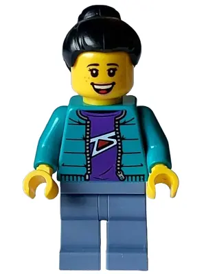 HOL353:  Woman - Dark Turquoise Jacket over Dark Purple Shirt, Sand Blue Legs, Black Hair Top Knot Bun