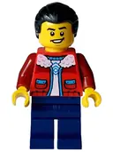 Minifigurka: HOL354:  Man - Red Jacket over White Shirt, Dark Blue Legs, Black Hair with Short Ponytail