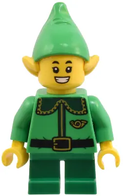 HOL363:  Elf - Bright Green Coat with Dark Green Collar and Gold Horn, Open Mouth Smile