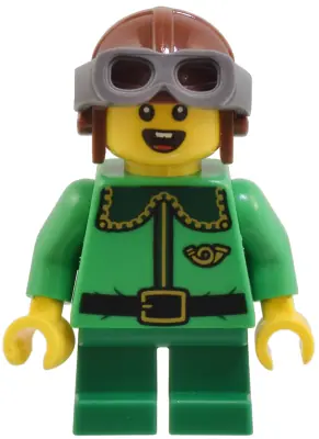 HOL365:  Elf - Bright Green Coat with Dark Green Collar and Gold Horn, Reddish Brown Helmet, and Dark Bluish Gray Goggles