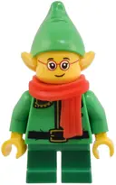 Minifigurka: HOL366:  Elf - Bright Green Coat with Dark Green Collar and Gold Horn, Red Scarf, Glasses