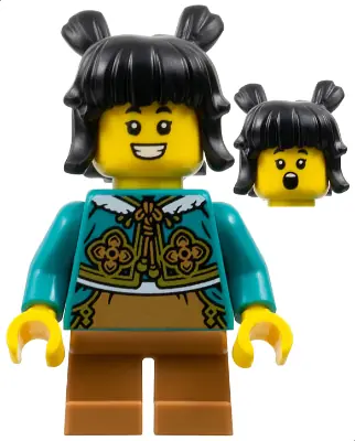 HOL371:  Child - Girl, Dark Turquoise Cheongsam Bolero Shrug, Medium Nougat Short Legs, Black Hair with Buns