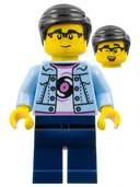 Minifigurka: HOL372:  Man - Bright Light Blue Denim Jacket over Shirt with Record, Dark Blue Legs, Black Hair, Glasses
