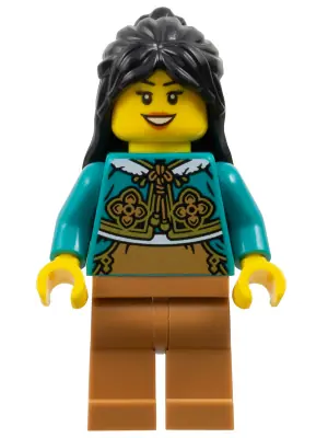 HOL373:  Woman, Black Long Hair, Dark Turquoise Cheongsam Bolero Shrug, Medium Nougat Legs