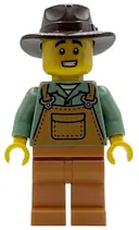 Minifigurka: HOL375:  Farmer - Male, Medium Nougat Overalls over Sand Green Shirt, Medium Nougat Legs, Dark Brown Fedora, Sweat