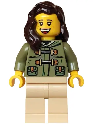 HOL377:  Holiday Express Train Passenger - Female, Olive Green Jacket, Tan Legs, Dark Brown Hair