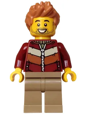 HOL378:  Holiday Express Train Passenger - Male, Dark Red Jacket, Dark Tan Legs, Medium Nougat Hair