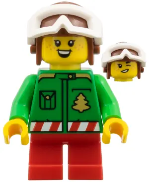HOL382:  Elf - Green Jacket with Christmas Trees, Reddish Brown Helmet, White Goggles