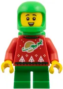 Minifigurka: HOL383:  Elf - Red Holiday Sweater with Reindeer, Bright Green Helmet and Air Tanks
