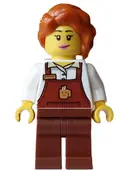 Minifigurka: HOL394:  Barista Hot Chocolate Stand - Female, Reddish Brown Apron with Cup and Name Tag, Reddish Brown Legs,  Dark Orange Hair with Braid