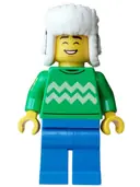 Minifigurka: HOL395:  Customer Hot Chocolate Stand - Male, Bright Green Sweater with Bright Light Yellow Zigzag Lines, Blue Legs, Dark Blue Ushanka Hat
