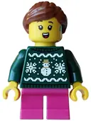 Minifigurka: HOL406:  Carol Choir Singer / Caroler - Girl, Dark Green Knit Fair Isle Holiday Sweater