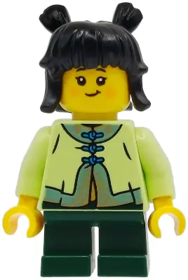 HOL408:  Child - Girl, Yellowish Green Tang Jacket, Dark Green Short Legs, Black Hair with Buns