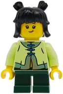 Minifigurka: HOL408:  Child - Girl, Yellowish Green Tang Jacket, Dark Green Short Legs, Black Hair with Buns
