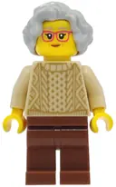 Minifigurka: HOL410:  Grandmother - Tan Knit Cable Sweater, Reddish Brown Legs, Light Bluish Gray Short Wavy Hair