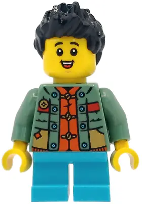 HOL413:  Child - Boy, Sand Green Sweater over Reddish Orange Tang Jacket, Medium Azure Short Legs, Black Spiked Hair