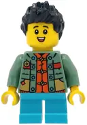 Minifigurka: HOL413:  Child - Boy, Sand Green Sweater over Reddish Orange Tang Jacket, Medium Azure Short Legs, Black Spiked Hair