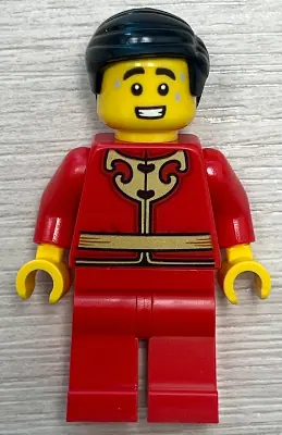 HOL415:  Man - Red Tang Jacket with Gold Chinese Scrollwork, Red Legs, Black Smooth Hair