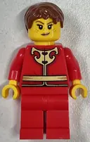 Minifigurka: HOL418:  Woman - Red Tang Jacket with Gold Chinese Scrollwork, Red Legs, Brown Short Hair