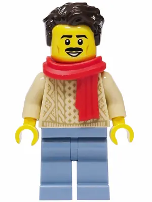 HOL439:  Man - Tan Knit Cable Sweater, Sand Blue Legs, Dark Brown Hair, Red Scarf