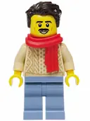 Minifigurka: HOL439:  Man - Tan Knit Cable Sweater, Sand Blue Legs, Dark Brown Hair, Red Scarf