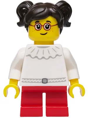 HOL440:  Girl - White Dress with Ruffled Collar, Red Short Legs, Dark Brown Hair with Pigtails