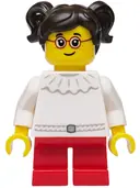Minifigurka: HOL440:  Girl - White Dress with Ruffled Collar, Red Short Legs, Dark Brown Hair with Pigtails