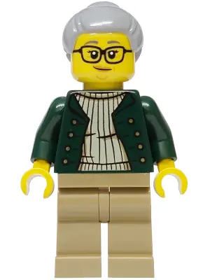 HOL442:  Woman - Dark Green Open Jacket, Dark Tan Legs, Light Bluish Gray Hair with Top Knot Bun