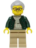 Minifigurka: HOL442:  Woman - Dark Green Open Jacket, Dark Tan Legs, Light Bluish Gray Hair with Top Knot Bun