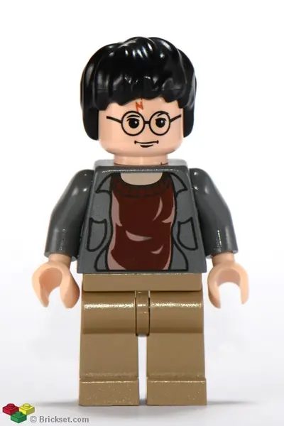 HP041:  Harry Potter - Dark Bluish Gray Open Shirt Torso, Dark Tan Legs