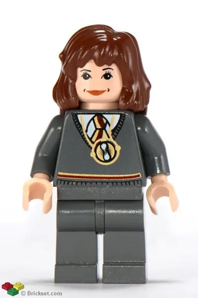 HP054:  Hermione Granger - Gryffindor Stripe Torso with Time Turner Necklace, Dark Bluish Gray Legs