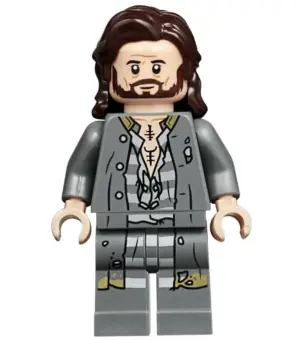 HP174:  Sirius Black - Dark Brown Hair, Dark Bluish Gray Jacket over Tattered Striped Shirt, Printed Legs