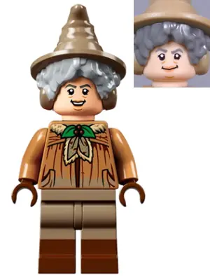 HP270:  Professor Pomona Sprout - Dirty Cloak, Green Holly Brooch, Dark Tan Legs with Reddish Brown Boots