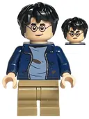 Minifigurka: HP326:  Harry Potter - Dark Blue Open Jacket over Sand Blue Shirt with Dirt Stains, Dark Tan Medium Legs, Grin / Stern