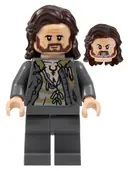 Minifigurka: HP352:  Sirius Black - Dark Brown Hair, Dark Bluish Gray Jacket over Tattered Striped Shirt, Plain Legs