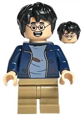 HP364:  Harry Potter - Dark Blue Open Jacket over Sand Blue Shirt with Dirt Stains, Dark Tan Medium Legs, Lopsided Grin / Open Mouth Smile with Teeth Parted