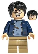 Minifigurka: HP364:  Harry Potter - Dark Blue Open Jacket over Sand Blue Shirt with Dirt Stains, Dark Tan Medium Legs, Lopsided Grin / Open Mouth Smile with Teeth Parted