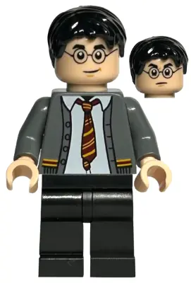 HP396:  Harry Potter - Dark Bluish Gray Gryffindor Cardigan Sweater Open over Shirt without Wrinkles, Black Legs