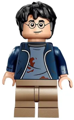 HP419:  Harry Potter - Dark Blue Open Jacket over Sand Blue Shirt with Dirt Stains, Printed Arms, Dark Tan Medium Legs
