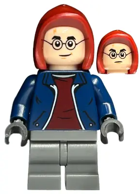 HP458:  Harry Potter - Dark Blue Open Jacket over Dark Red Shirt, Dark Bluish Gray Medium Legs, Dark Red Hood