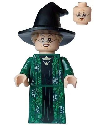HP473:  Professor Minerva McGonagall - Dark Green Robe over Black Dress, Hat with Hair, Printed Arms
